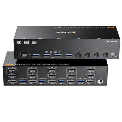 KVM Switch 3 monitoren 4 pc's, 2 DisplayPort + 1 HDMI USB 3.0 KVM-schakelaar, ondersteunt 4K @60 Hz voor 3 computers die 2 DP-monitoren, toetsenbord en muis delen