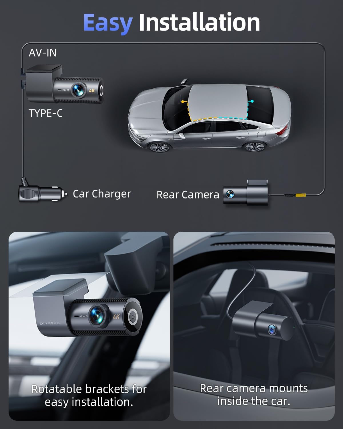 Dashcam Voor En Achter – Autocamera – Dashboardcamera – Auto Camera – Dubbele Lens Dashcam – 4K Frontcamera + 1080P Achtercamera – 5 GHz Wifi En App-Bediening