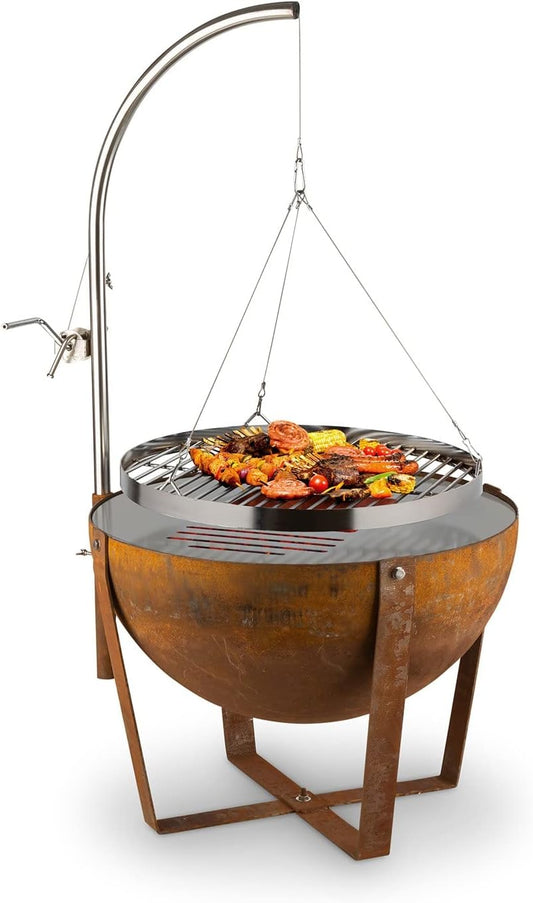 blumfeldt Fire Globe vuurschaal met grill, grillring: Ø 59cm, vuurschaal: Ø 60cm, grillrooster: Ø 59cm, afmetingen: 60 x 120cm (ØxH), used look: artificiële roestlook, traploos in hoogte verstelbaar, bruin