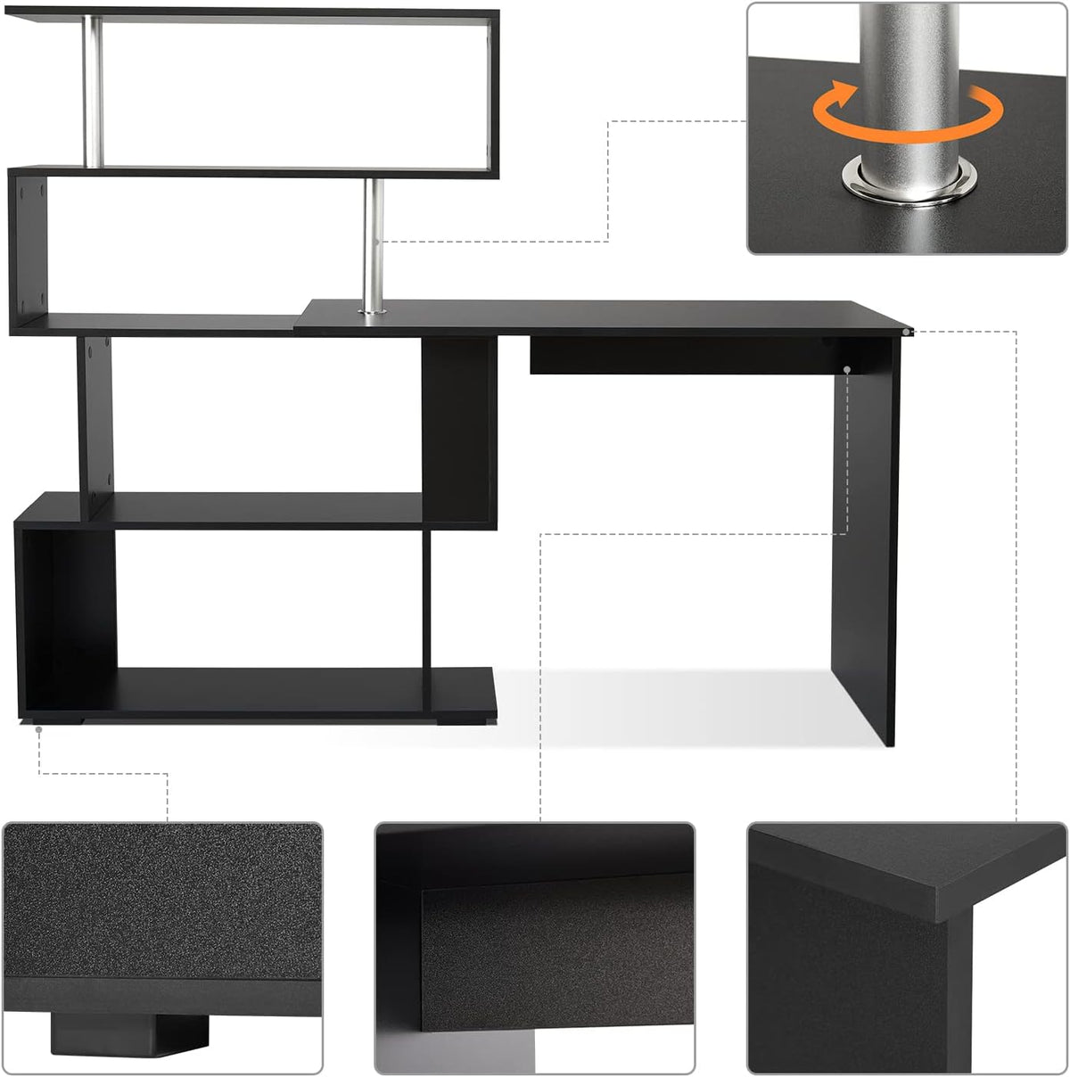Meerveil Computertafel, L-vormig, hoekbureau, met 360 graden draaibare boekenkast voor werkkamer, woonkamer, kantoor, 157 x 45 x 130,5 cm, zwart