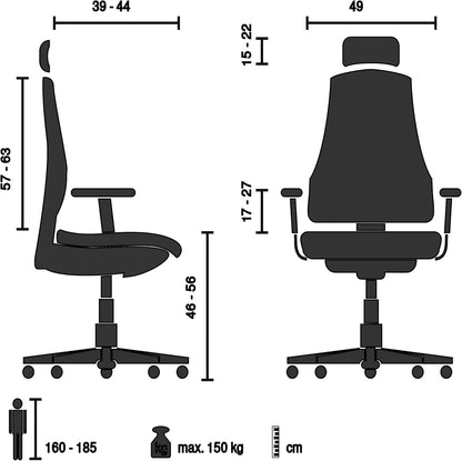 hjh OFFICE Ergonomische Ergohuman Gen2 Bureaustoel, ergonomisch design, bureaustoel met flexibele lendensteun, gevoerde zitting, zwart leer