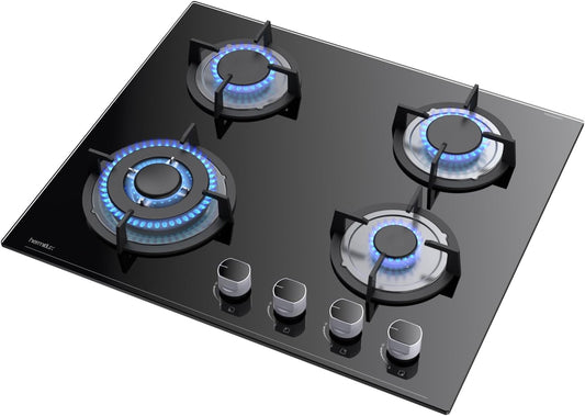Gaskookplaat 4-pits – Gasfornuis – Inbouwkookplaat – Gasplaat – Kooktoestel – 60 cm – Thermokoppelbeveiliging – Zwart gehard glas