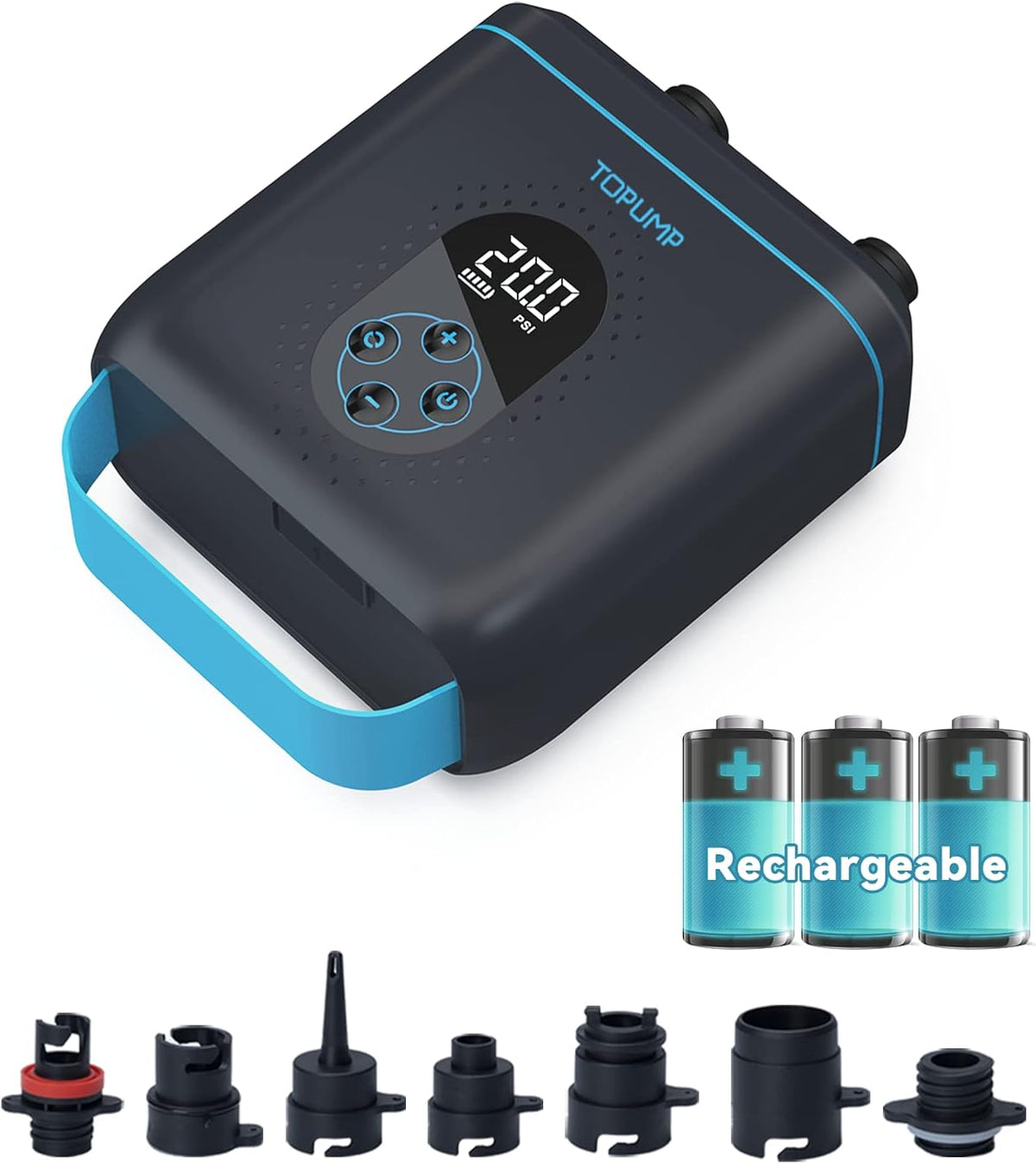 20PSI TPS260 Elektrische SUP-pomp, oplaadbaar, auto-off, 2-traps opblazen/leegloop, 12 V DC & type C voor paddle-board, kajak, vleugels, vliegers, tent, tent