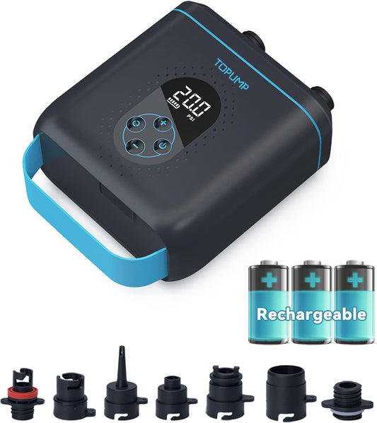 20PSI TPS260 Elektrische SUP-pomp, oplaadbaar, auto-off, 2-traps opblazen/leegloop, 12 V DC & type C voor paddle-board, kajak, vleugels, vliegers, tent, tent