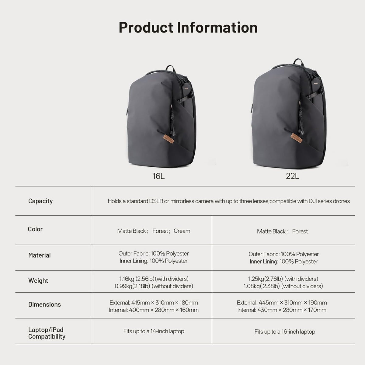 PGYTECH OneGo Lite Camera Rugzak 16L - Lichtgewicht Camera Tas Compatibel met Sony/Canon/Nikon/DSLR/SLR Mirrorless Camera's - Waterbestendige Rugzak voor Stads- en ReisFotografie