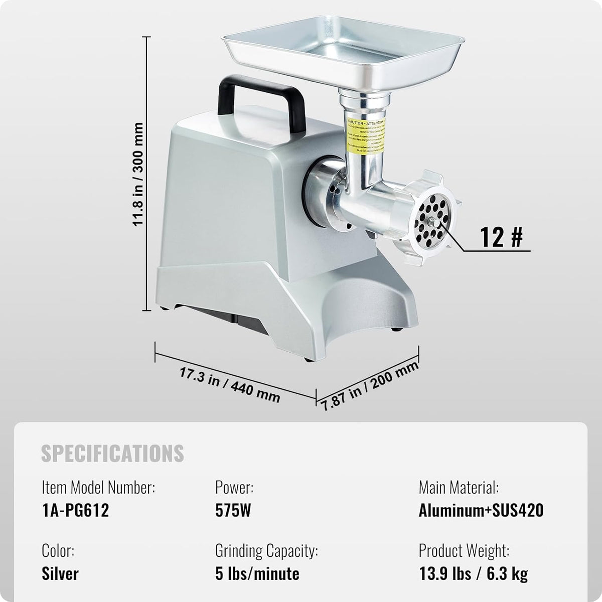 Elektrische Vleesmolen – Gehaktmolen – Hakmolen – Vleeswolf – Worstmaker – 575 W / 800 W Piek, 2,27 Kg/Min – Aluminium Behuizing