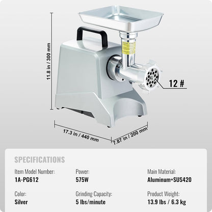 Elektrische Vleesmolen – Gehaktmolen – Hakmolen – Vleeswolf – Worstmaker – 575 W / 800 W Piek, 2,27 Kg/Min – Aluminium Behuizing
