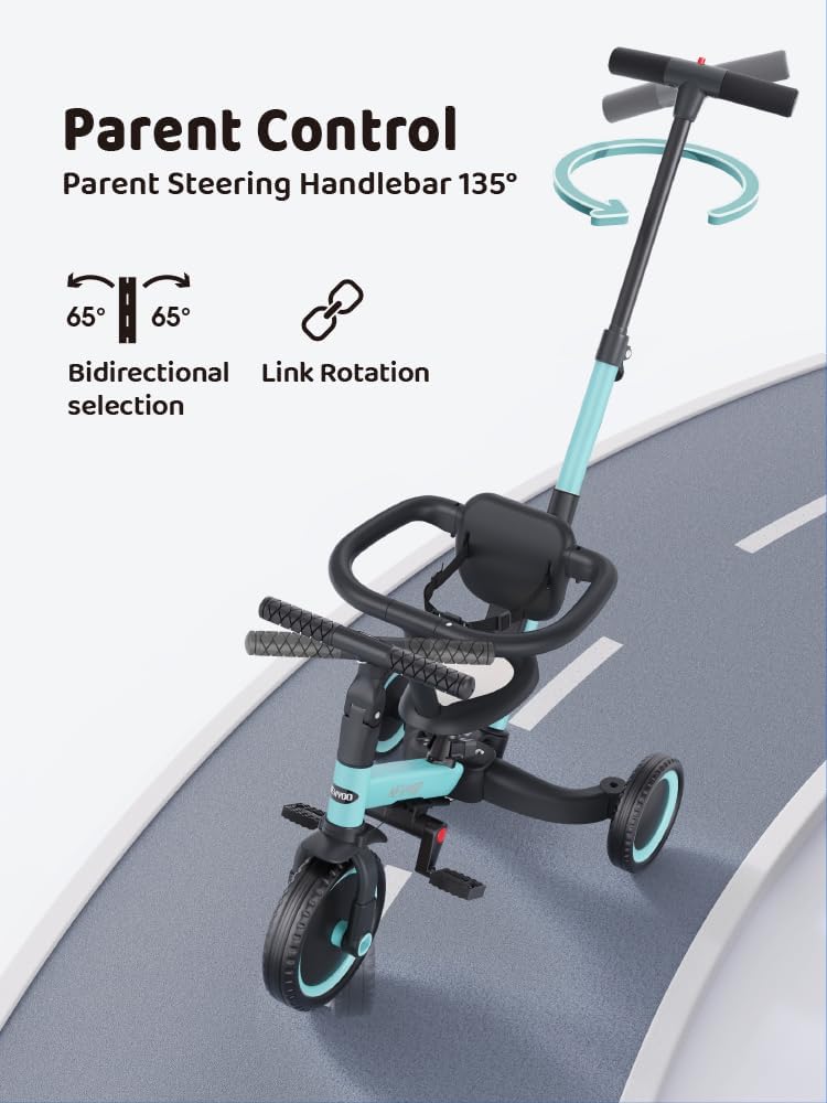 newyoo driewieler voor 1-3 jaar, peuterfiets, loopfiets met ouderduwstang, verjaardagscadeau & loopfiets voor jongen & meisje, 5-in-1 kinderdriewieler met veiligheidsbeugel, TR008, blauw