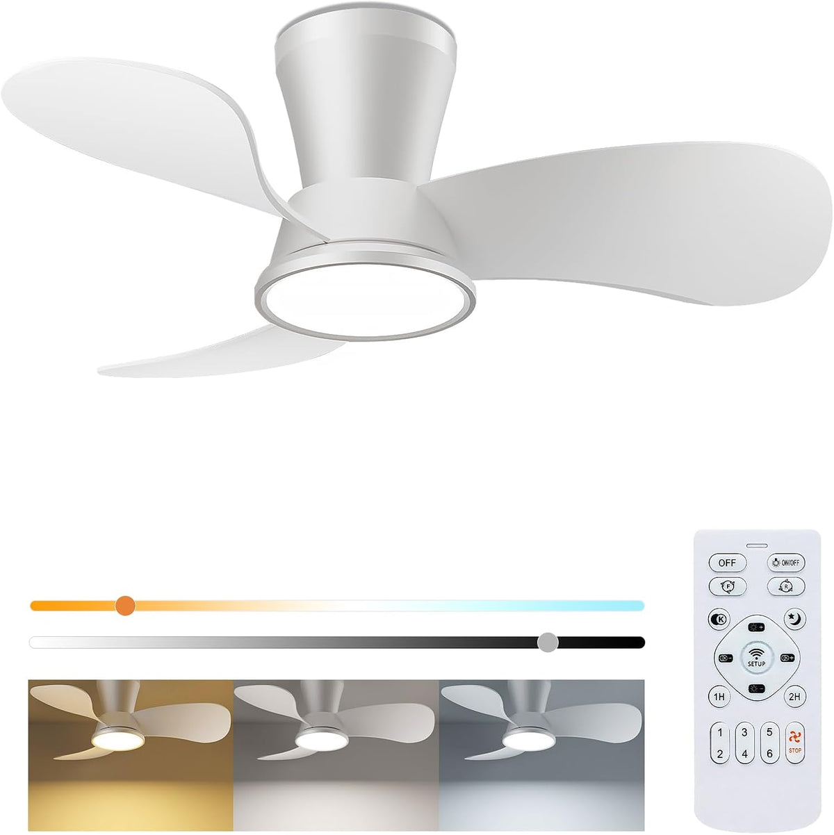 slochi Stille plafondventilator met verlichting, 30 dB, 76 cm diameter, groot luchtvolume, met afstandsbediening, timerfunctie, instelbare helderheid van 3000 K/4500 K/6000 K plafondlamp