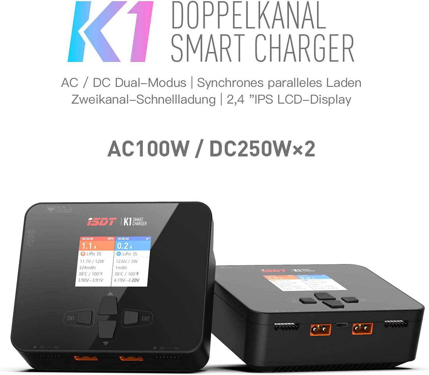 Lipo Accu Oplader – Batterijlader – RC Acculader – Balancer – Accu Laadstation – AC 100W en DC 250W x2 – Dubbele Kanaal Veiligheid – Donkere Modus Display