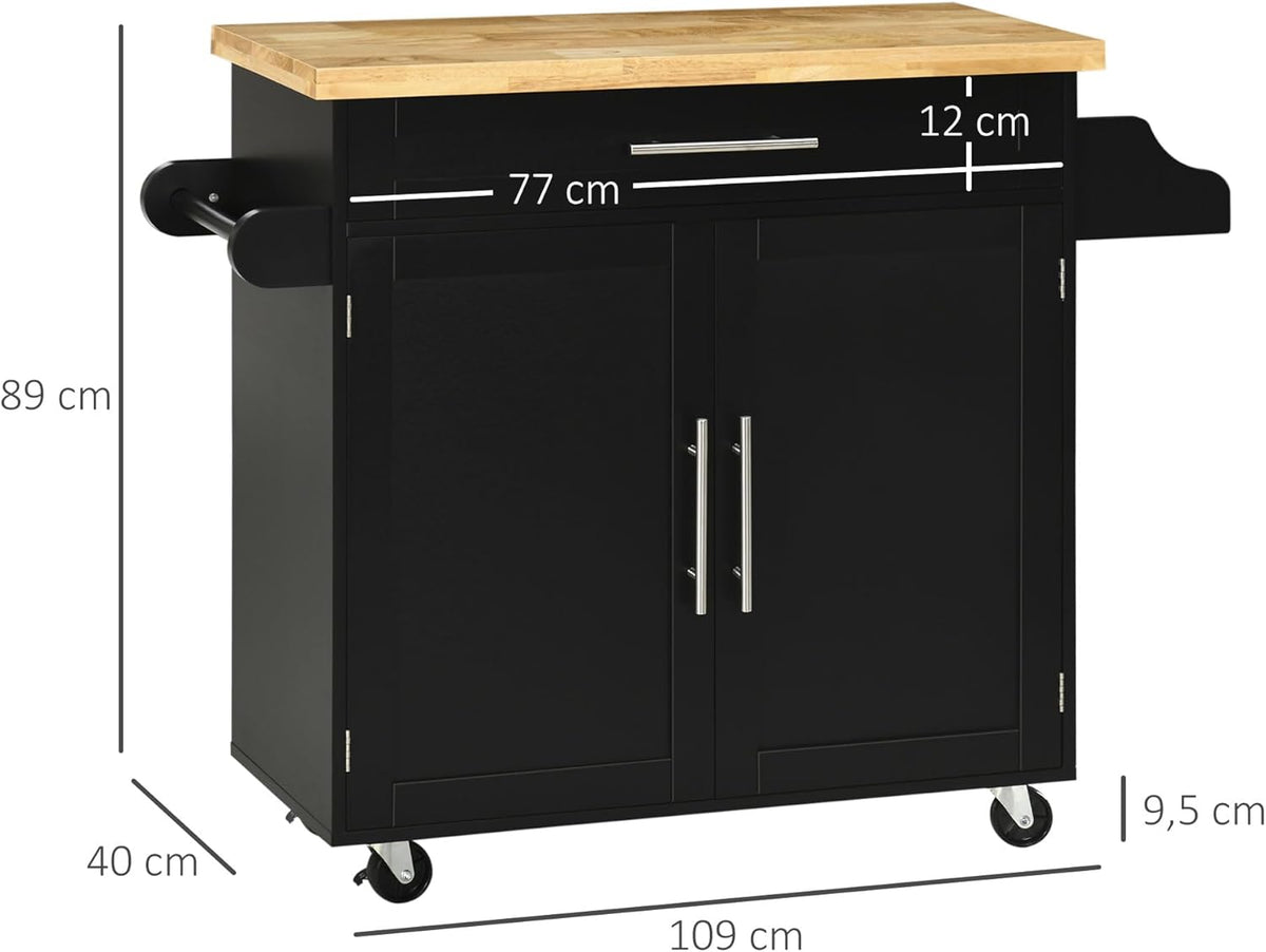 HOMCOM Küchenwagen Servierwagen mit Arbeitsplatte Küchentrolley mit Gewürzregal, Handtuchhalter für Wohnzimmer Esszimmer Schwarz 109 x 40 x 89 cm - QUORE