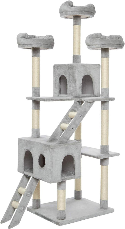 Kattenboom – Kattenkrabpaal – Kattentoren – Klimtoren – Grijs – 186 cm Hoog – Stabiele Verdikte Basis