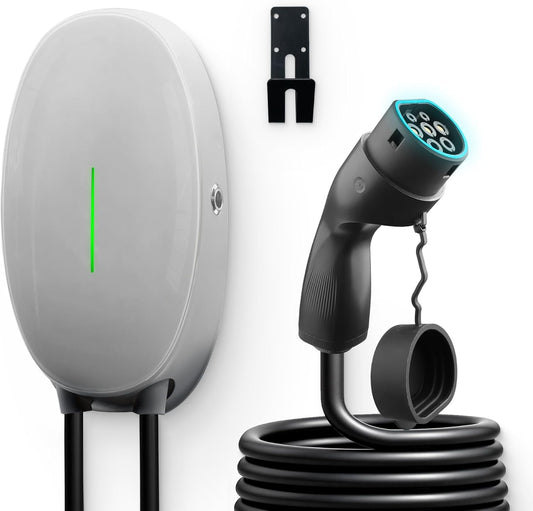 EV oplader met 7 kW type 2, 32 A eenfasig thuislaadstation Wallbox, 6 m oplaadkabel en type 2 stekker met lichtstrip voor EV PHEV, grijs