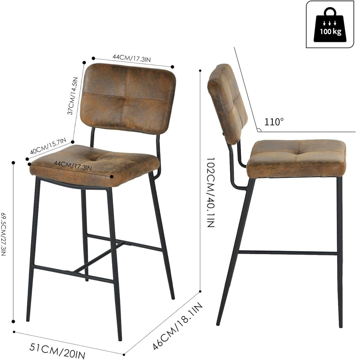 MEUBLE COSY Barkrukken, set van 4 barstoel, zithoogte 69 cm, met rugleuning en voetensteun van suède, voor bar, bistro, café, keuken, industrieel, bruin, 51x46x102cm