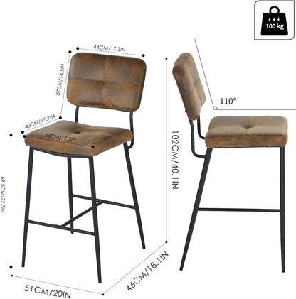 MEUBLE COSY Barkrukken, set van 4 barstoel, zithoogte 69 cm, met rugleuning en voetensteun van suède, voor bar, bistro, café, keuken, industrieel, bruin, 51x46x102cm
