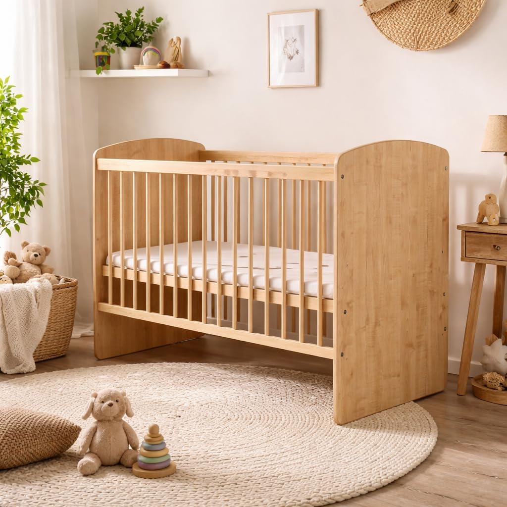 baby bed K2 natural wood 120 x 60 cm with slatted bed bed cot 3 levels adjustable in height - naturalPine wood & MDF - QUORE