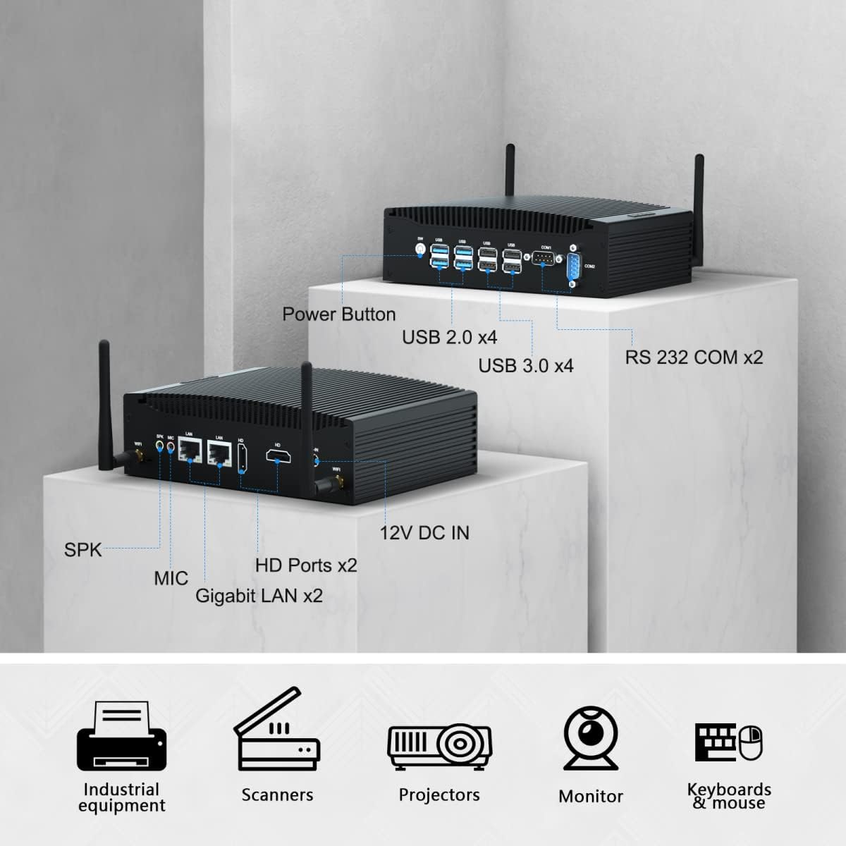 BASOARO Fanless Industriële Mini PC i5, Mini PC Win 11 Pro, 8GB RAM 128GB SSD Core i5 8350U Industriële Computer met RS232, RJ45 LAN, 2 HD schermen, USB 3.0, Dual Band WiFi, BT