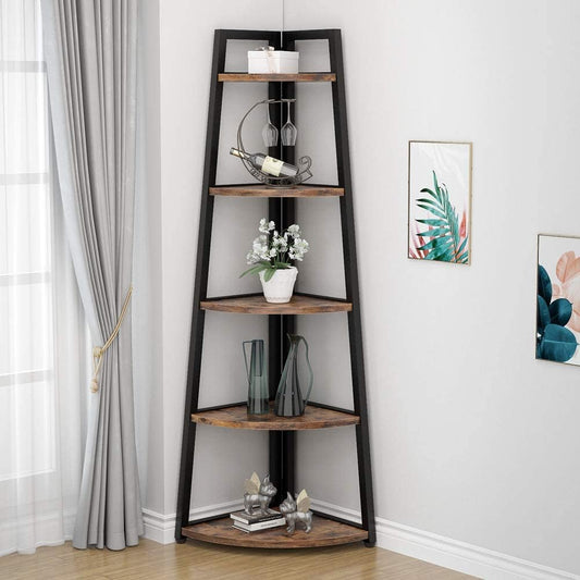 Tribesigns 70" Tall Corner Shelf, 5 Tier Rustic Corner Bookshelf Industrial Corner Ladder Shelf Small Bookcase Plant Stand for Living Room, Kitchen, Home Office