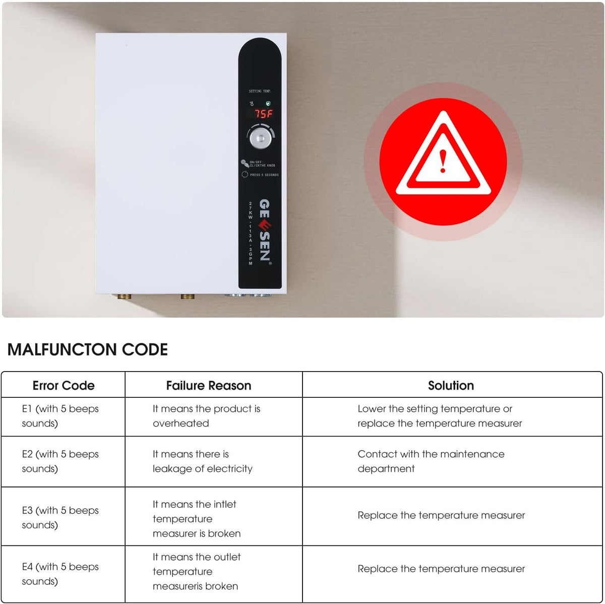 Tankloze elektrische doorstroomboiler, 27 kW, 240 V, eindeloos heet water op aanvraag, met digitale temperatuurweergave voor douches, 114 A, wit