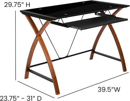 Flash Furniture Jude Zwart glazen computerbureau met uittrekbare toetsenbordlade en kriskras frame
