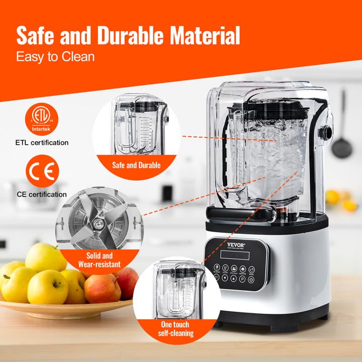 VEVOR Blender voor koude dranken, tafelmixer in glazen blik met bord inhoud ca. 2 l, mixer nominaal vermogen 1400 W roestvrij staal 5 functies voor bevroren dranken, smoothie, wit