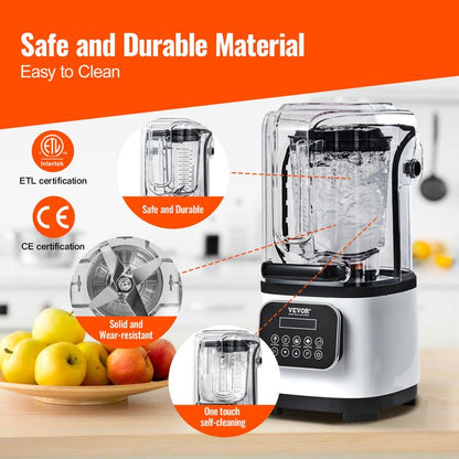 VEVOR Blender voor koude dranken, tafelmixer in glazen blik met bord inhoud ca. 2 l, mixer nominaal vermogen 1400 W roestvrij staal 5 functies voor bevroren dranken, smoothie, wit