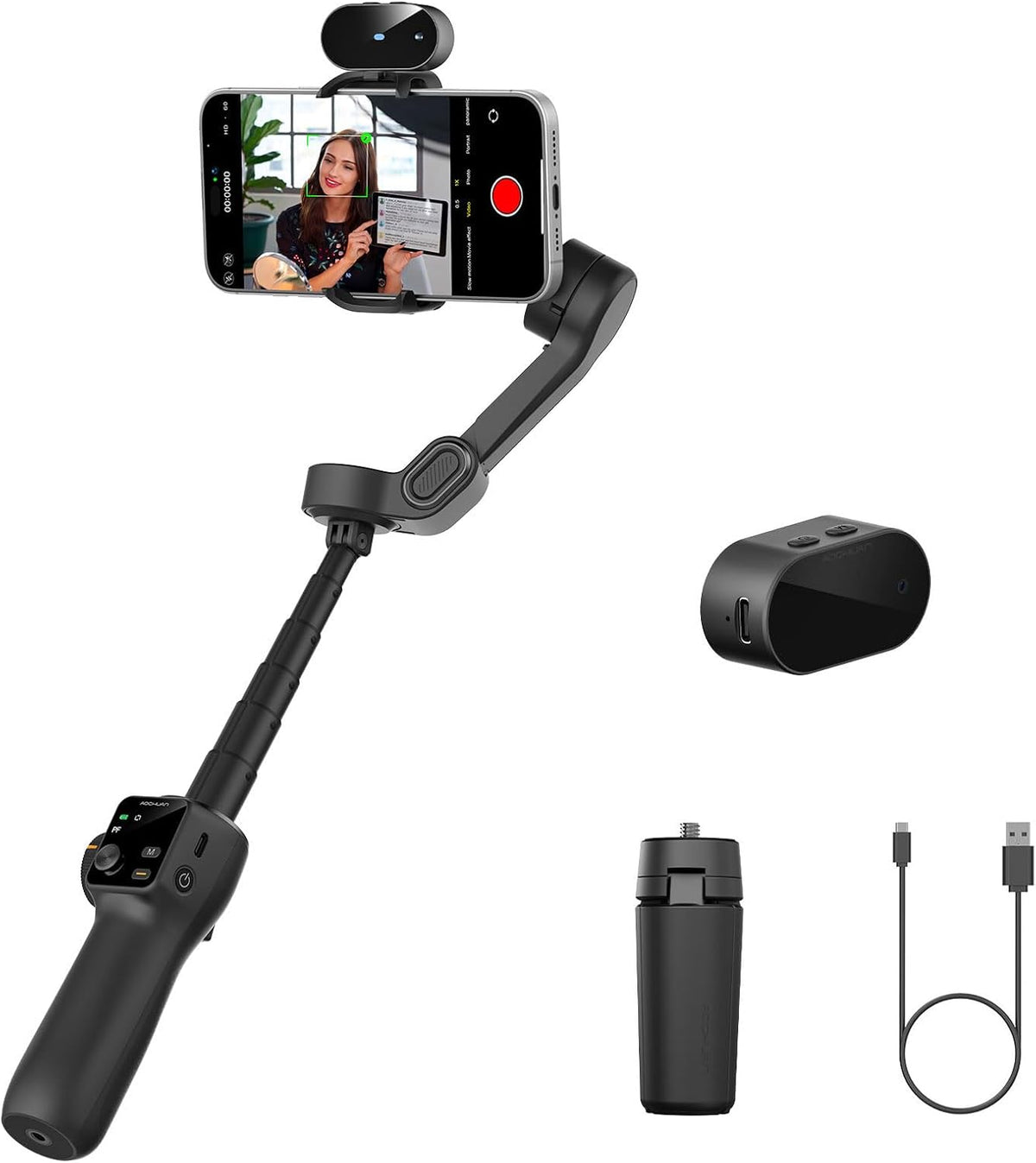 AOCHUAN 3-assige cardanische stabilisator voor iPhone en Android, GEEN APP AI-tracking, 7,8 inch ingebouwde verlengstang, telefoonstabilisator voor video-opname, OLED-display, triggerknop, sport