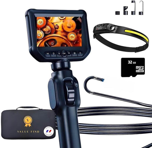 VALUEFIND Professionele endoscopische camera 1920/P draaibaar 360º endoscoop inspectie kabel semi-rigide 1 meter + SD-kaart + koffer + lamp efrontaal met bewegingsmelder voor leidingen