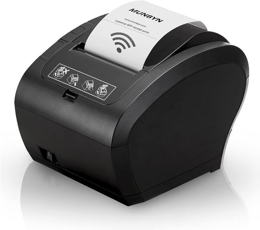 MUNBYN Thermische Bonprinter 80mm, USB Ethernet Kassabonprinter voor Keuken, Supermarkt met Automatische Snijder Ondersteuning voor Windows/Mac/Linux, ESC/POS Commando's (Wi-Fi)