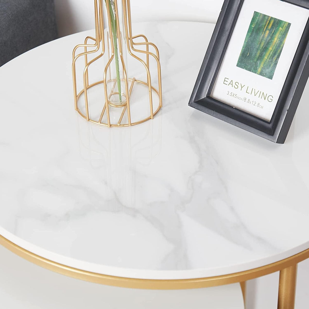 Marmeren Top Bijzettafel Goud: 2 Nesting Kleine Sofa End Tafels Ronde Nachtkastje Nest Sets Hoogglans Gesinterd Stenen Marmeren Tafelblad met Gouden Metalen Benen Geneste Accent Tafels voor Woonkamer
