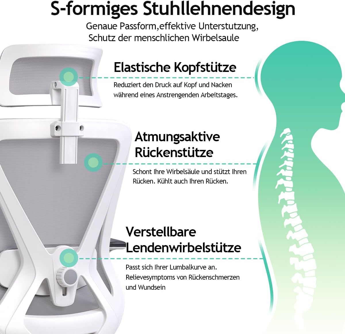 Bureaustoel – Ergonomische Stoel – Computerstoel – Kantoorstoel – Draaistoel – Verstelbare Hoofdsteun En Lendensteun – 130° Schommelfunctie, Belastbaar Tot 150 kg
