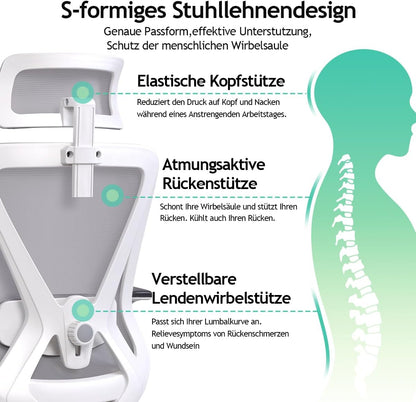 Bureaustoel – Ergonomische Stoel – Computerstoel – Kantoorstoel – Draaistoel – Verstelbare Hoofdsteun En Lendensteun – 130° Schommelfunctie, Belastbaar Tot 150 kg