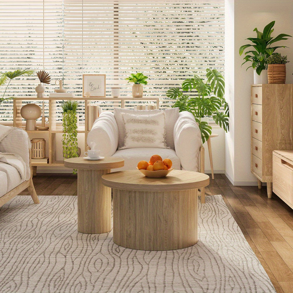 Dubbele Ronde Salontafels – Salontafel Set – Bijzettafel – Side Table – Woonkamertafel – Ruimtebesparend Ontwerp – Houtlook Metalen Frame