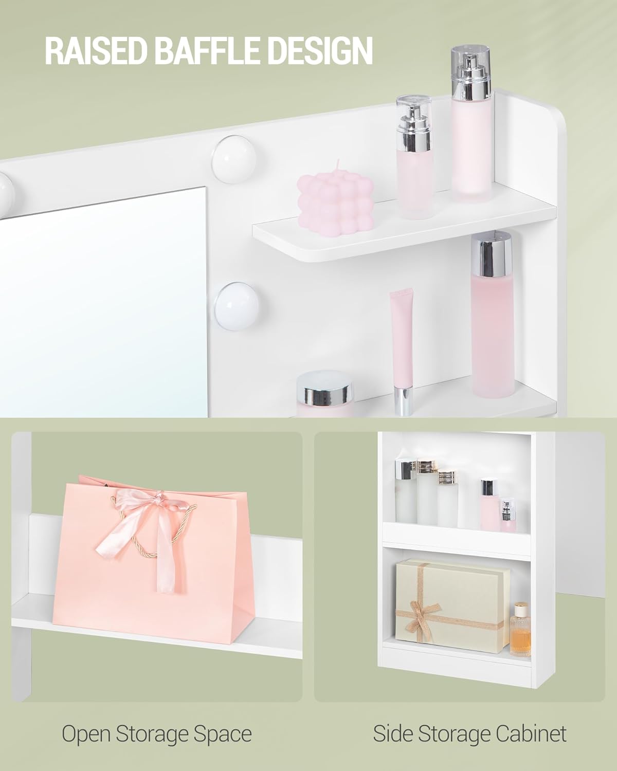 Hzuaneri Dressing Table with Large HD Mirror, Dressing Table with LED Light, 6 Open Compartments, 5 Drawers and Side Open Storage Space, Bedroom Dressing Room, Simple, White DT42603XEU