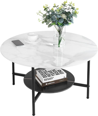 FATIVO Marmeren Top Salontafels Rond: 2-laags witte en zwarte salontafel 80 cm gesinterde steen hoogglans knikkereffect tafelblad met mat zwart frame moderne grote middentafel woonkamer
