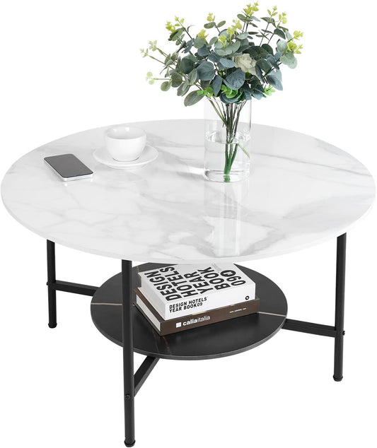 FATIVO Marmeren Top Salontafels Rond: 2-laags witte en zwarte salontafel 80 cm gesinterde steen hoogglans knikkereffect tafelblad met mat zwart frame moderne grote middentafel woonkamer