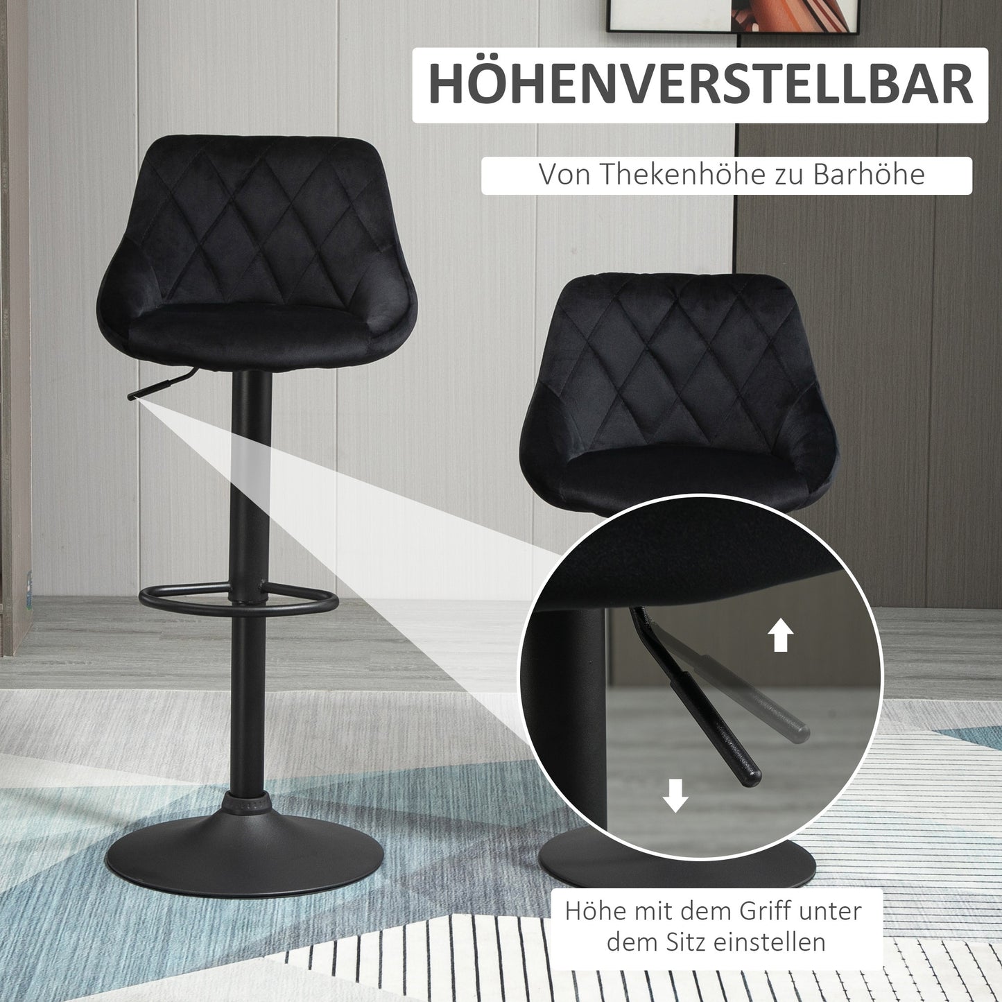 Barstoel – Barkruk – Keukenstoel – Barstoel Met Rugleuning – Barkruk Set Van 2 – Verstelbaar – 360° Draaibaar – Velvet Bekleding – Met Voetsteun – Met Stalen Frame