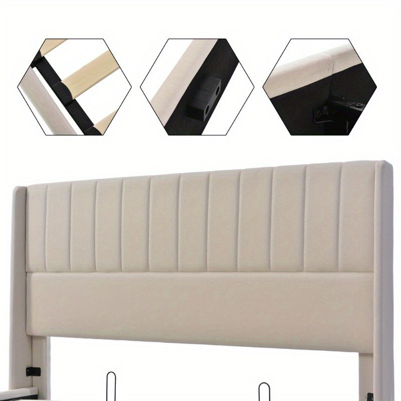 Opbergbed – Opbergbed Met Hydraulische Lift – Bed Met Opbergruimte – Gestoffeerd Bed – Slaapbed – 180x200 cm – Stevig Metalen Frame – Beige Linnen Bekleding