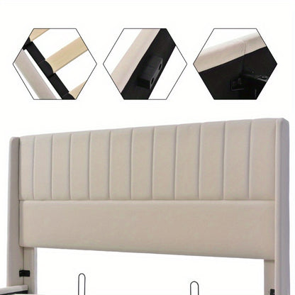 Opbergbed – Opbergbed Met Hydraulische Lift – Bed Met Opbergruimte – Gestoffeerd Bed – Slaapbed – 180x200 cm – Stevig Metalen Frame – Beige Linnen Bekleding
