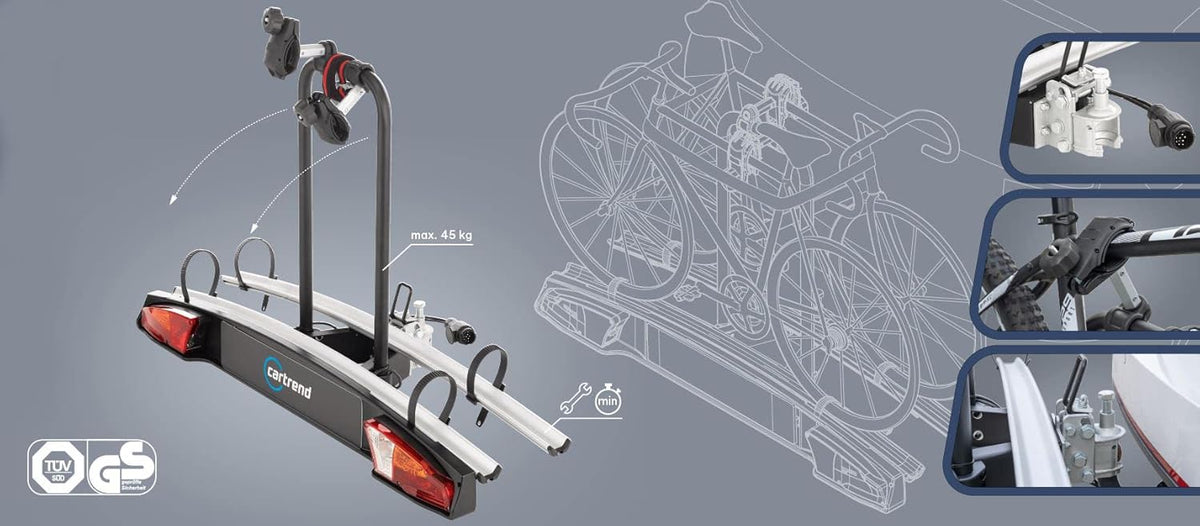 cartrend Koppelingsfietsendrager Alu Active, geschikt voor 2 fietsen, fietsendrager koppeling, fietsendrager auto, drager auto, zwart-zilver