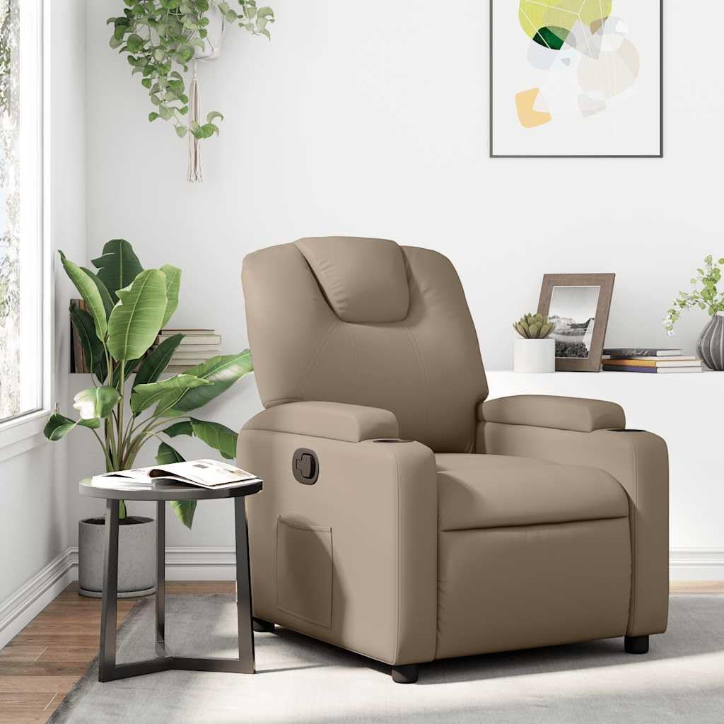 Fauteuil Verstelbaar – Relaxfauteuil – Relaxstoel – Armstoel – Leunstoel – Kunstleer Cappuccino – Handmatig Verstelbaar Tot 135° – Inclusief Bekerhouders En Zijvak