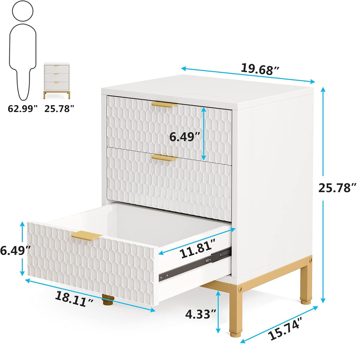 Tribesigns Modern Bedside Table, 65.5 cm High, Bedside Table with 3 Drawers, Modern Side Table with Storage Space for Bedroom, Living Room, White and Gold (1 Piece)