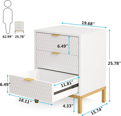 Tribesigns Modern Bedside Table, 65.5 cm High, Bedside Table with 3 Drawers, Modern Side Table with Storage Space for Bedroom, Living Room, White and Gold (1 Piece)