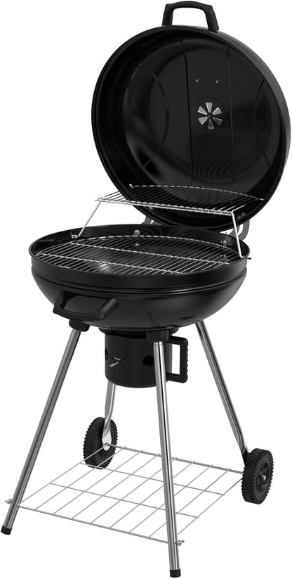 Draagbare houtskoolbarbecue, 22,5 inch ronde waterkoker met wielen, warmhoudrek, zwart, asverzamelaar