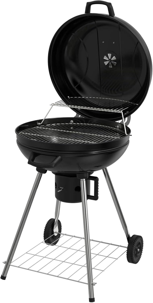 Draagbare houtskoolbarbecue, 22,5 inch ronde waterkoker met wielen, warmhoudrek, zwart, asverzamelaar