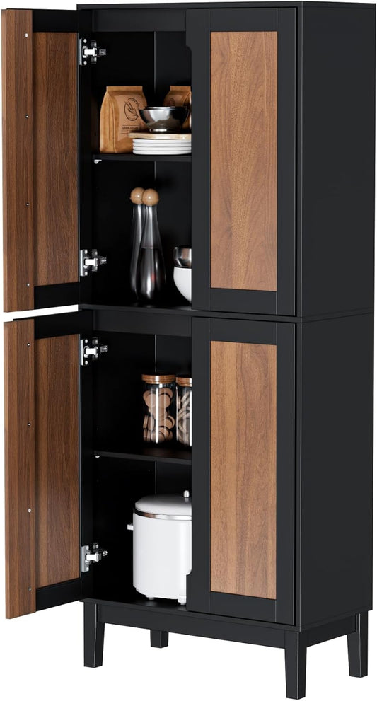 Hoge Kast – Opbergkast – Woonkamerkast – Keukenkast – Dressoir – Zwart-Bruin Tweekleurig – 4 Deuren Met Verstelbare Planken – Compact 60x30x150 cm