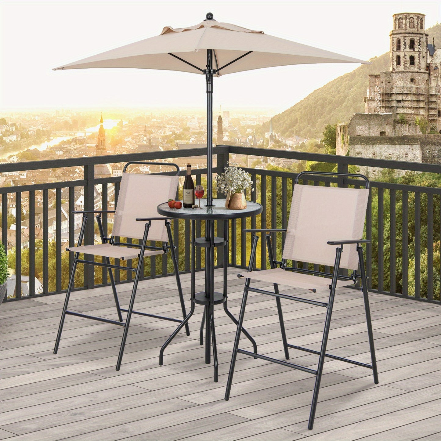 Bistrotafel Balkonset – Balkonmeubels Tuinset – Zitgroep Parasolset – Inklapbare Stoelen – Beige Kleur – Geharde Glas Tafel – Ruimtebesparend & Stevig Frame