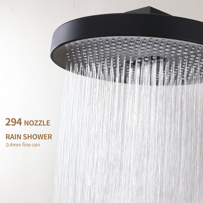 Zwarte Douche Set – Douchepaneel – Doucheset – Handdouche – Thermostaatkraan – 4 Spuitstanden – Muurbevestiging Zonder Boren – Glazen Plank 40 cm
