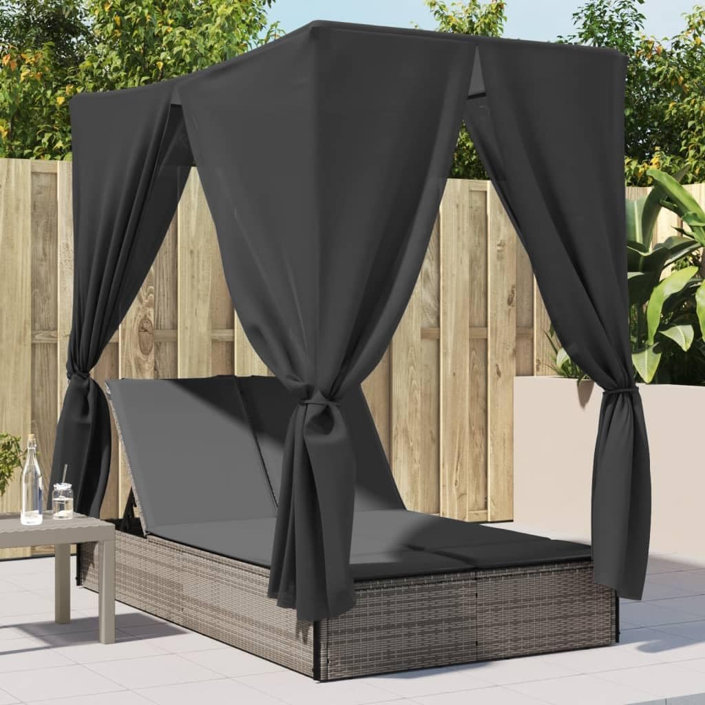 Outdoor Double Sun Lounger with Adjustable Roof and Washable Cushion Made of Weatherproof Synthetic Rattan, for Garden or Patio - QUORE