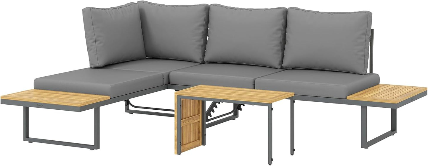 Outsunny Akazienholz Gartenmöbel Set 6 Persons L-Förmig Gartenlounge mit Eckbank verstellbar Rückenlehne Beistelltisch Kissen Balkonmöbel-Set Outdoor Sitzgruppe für Garten Terrasse Balcony Hellgrau - QUORE